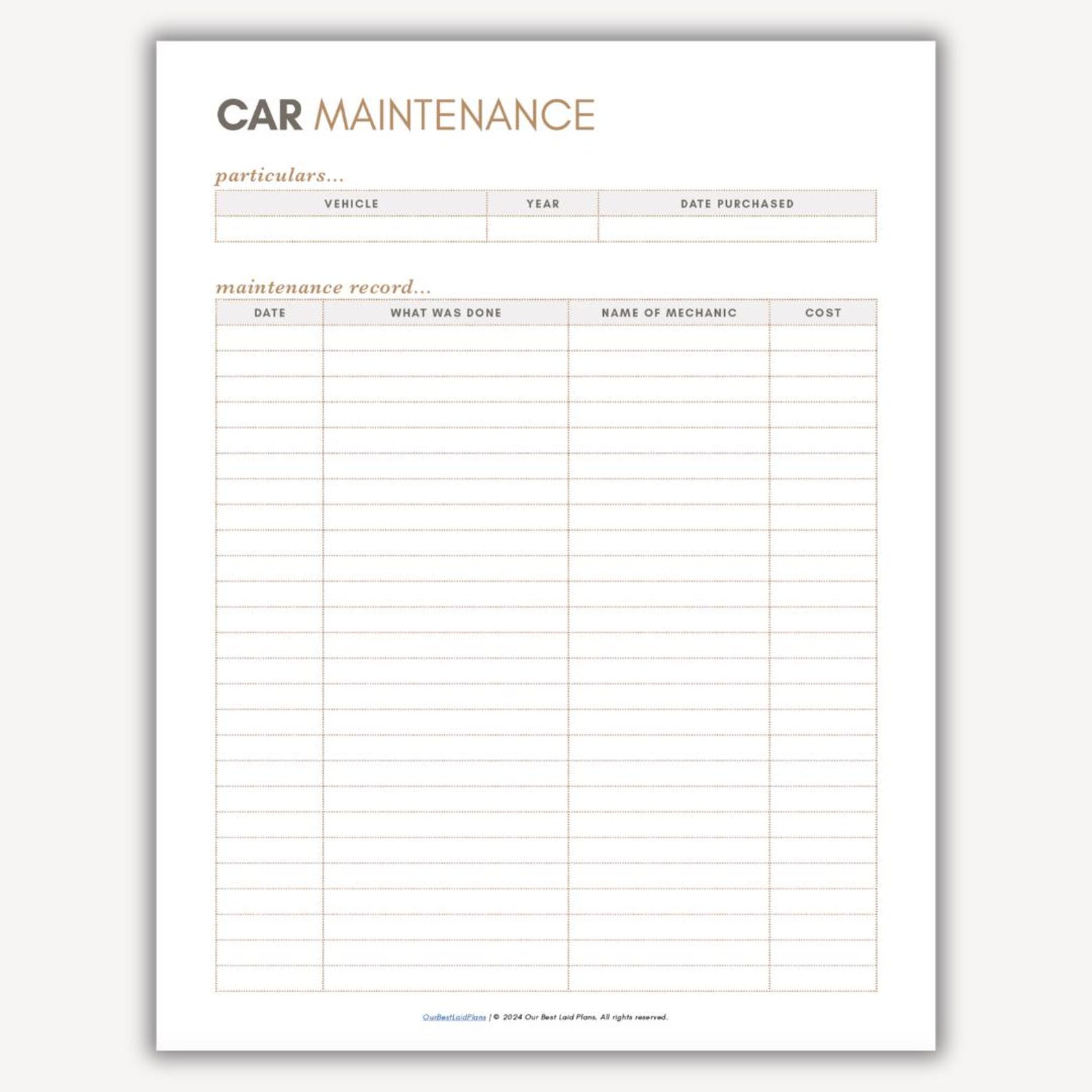Car Maintenance Tracker Printable PDF, Car Maintenance Record Planner ...