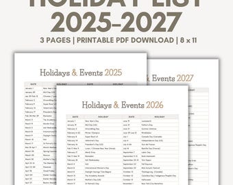 Liste der Feiertage 2025 2026 2027, Feiertagsliste Druckbares PDF in der Reihenfolge Feiertage und Ereignisse für 2025 2026 2027, Feiertagskalenderliste