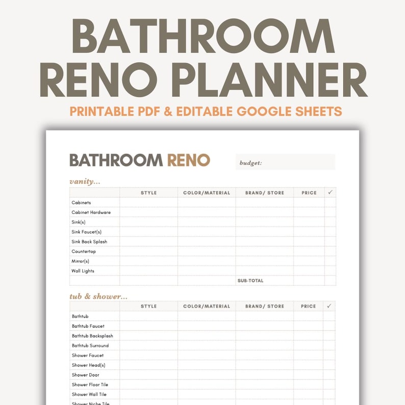 a printable spreadsheet planner for planning a new bathroom reno that is editable in Google sheets