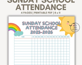 Sunday School Attendance Chart Printable PDF, Sunday School Attendance Sheet Digital Download, Sunday School Attendance Template 2025 2026