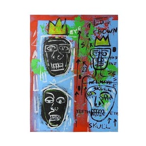 Może przedstawiać: Abstrakcyjny wydruk artystyczny z czterema stylizowanymi twarzami w kolorze czarnym, białym i zielonym na niebieskim i czerwonym tle. Grafika zawiera słowa "EYE", "CROWN", "SKULL" i "TEETH". Twarze zdobią korony i okulary.