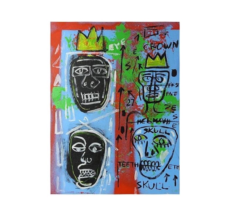 Może przedstawiać: Abstrakcyjny wydruk artystyczny z czterema stylizowanymi twarzami w kolorze czarnym, białym i zielonym na niebieskim i czerwonym tle. Grafika zawiera słowa "EYE", "CROWN", "SKULL" i "TEETH". Twarze zdobią korony i okulary.