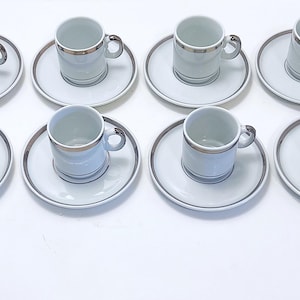 Set of 8 Vintage Silver Rimmed Demitasse Cups and Saucers by Royal Crown.