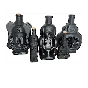 Ranuzzi Lima Peru Inca Pisco Black Figural Face Decanter Glass Bottles