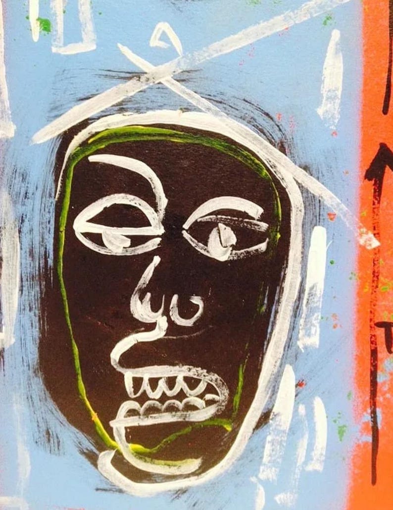 Może przedstawiać: Abstrakcyjny obraz twarzy z ciemnobrązowym tłem, obrysowany na biało i zielono. Twarz ma przesadzone cechy, w tym duże oczy i otwarte usta z zębami. Tło jest jasnoniebieskie z białymi i pomarańczowymi akcentami.