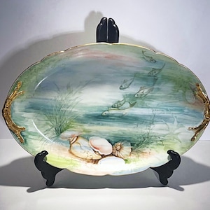 Jean Pouyat Limoges, Frankrijk – Grote handgeschilderde visschaal – 19 inch