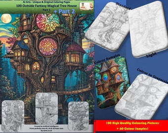 Outside Fantasy Magical Tree House, 100 coloring pages + 60 Color Samples + Access to all 160 image PNGs, High Quality Coloring Page eBook