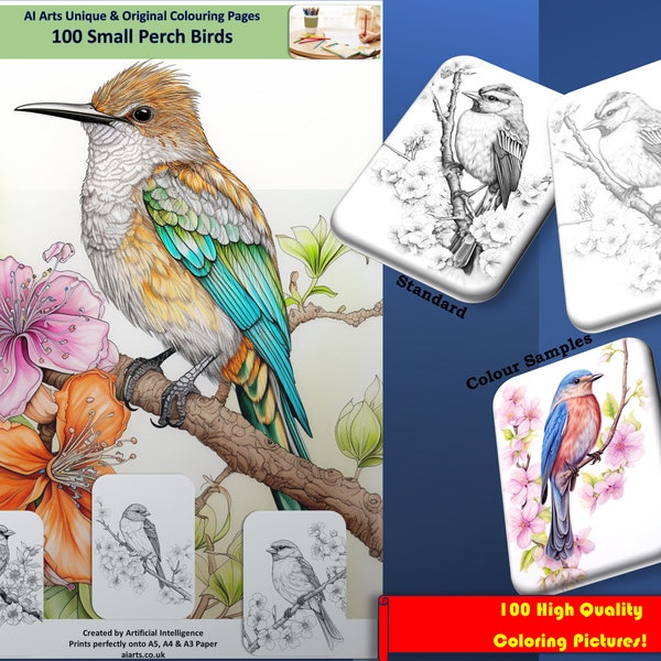 100 Pages of Small Perch Birds plus 50 colour samples; to Print & Colour; Coloring Page eBook