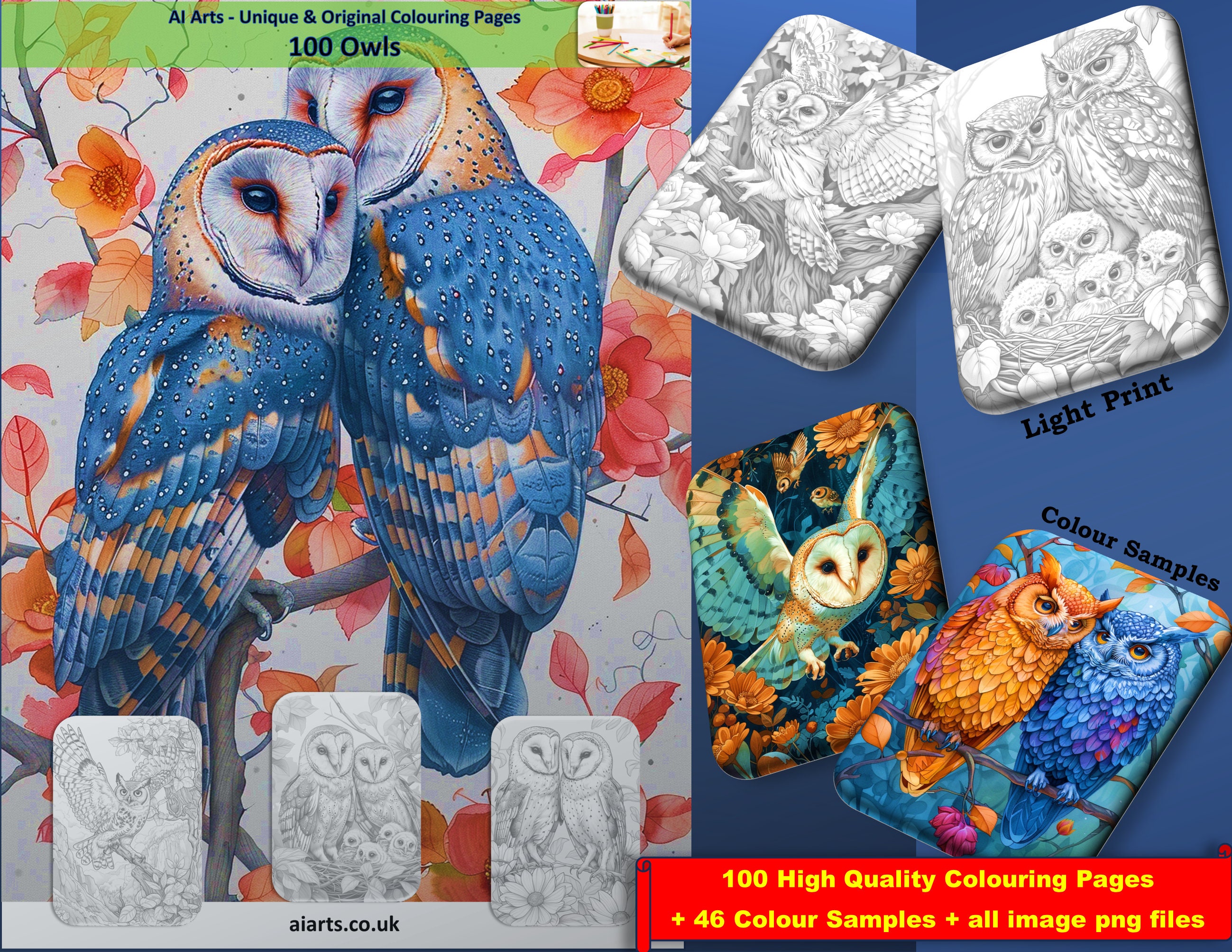 Owls, 100 Pages + 46 Colour Samples + ALL picture png's; Coloring Page eBook