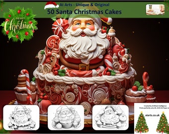 50 Pages of Delicious Santa Christmas Cakes - Print & Colour, Coloring Page eBook