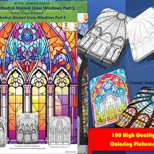 May include: A set of 100 coloring pages featuring stained glass windows. The image shows a colorful stained glass window with a sunset scene. The text on the image reads "50 Cathedral Stained Glass Windows Part 1" and "50 Cathedral Stained Glass Windows Part 2".
