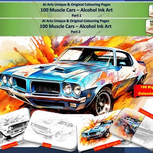 100 Pages of 1970s Muscle Cars - Alcohol Ink Art Style Plus 60 Colour Samples Plus all 160 image downloadable PNGs, Coloring Page eBook