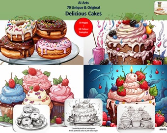 70 Pages of Delicious Cakes to Print & Colour, Coloring Page eBook