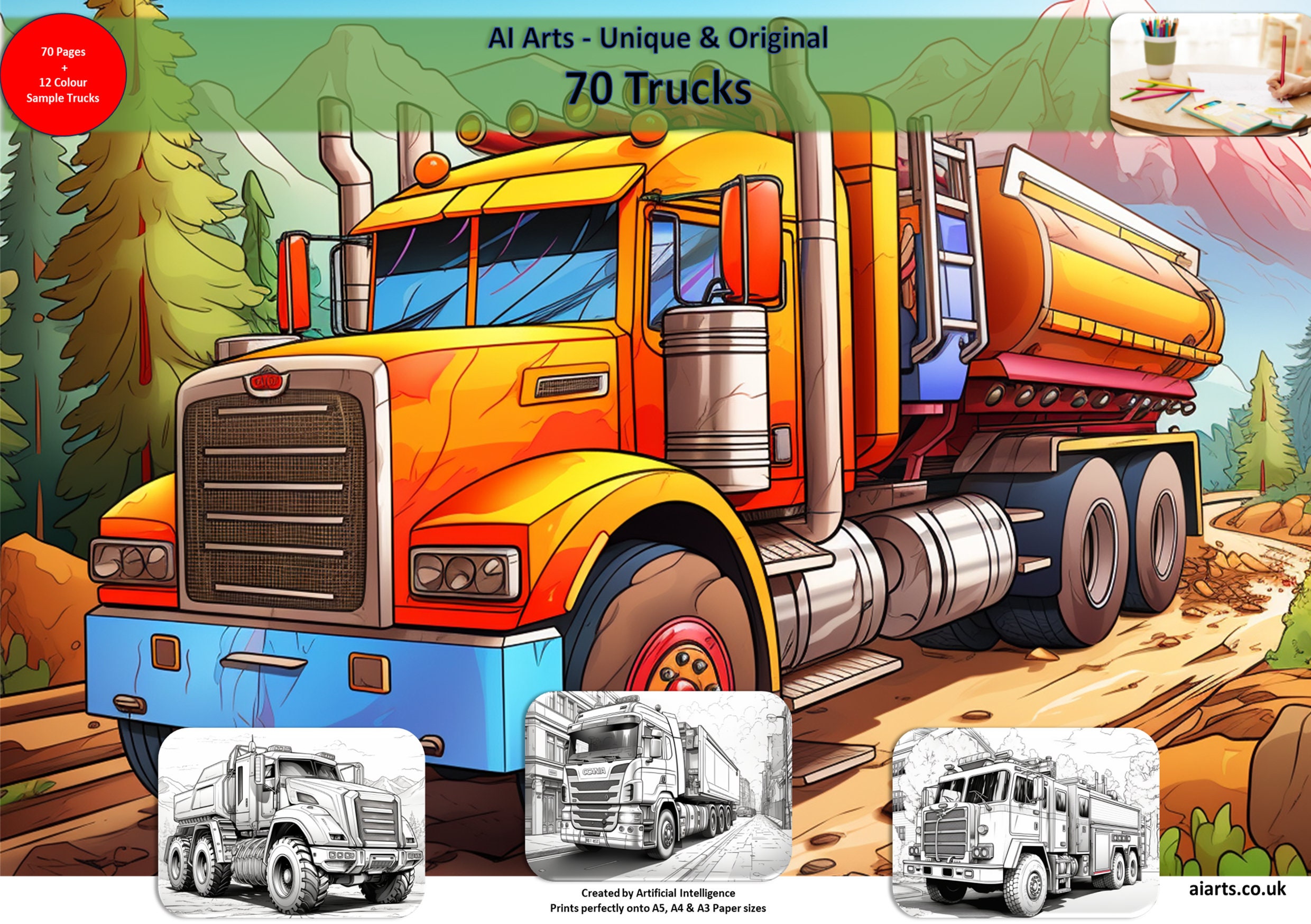 70 Pages of Awesome Trucks to Print &amp; Colour, Coloring Page Ebook - Etsy