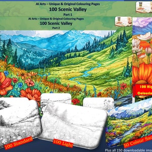 100 Pages of stunning Scenic Valleys plus 50 Colour Samples plus 150 downloadable PNGs, Print & Coloring Page eBook