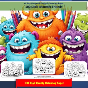 Little Monster Friends, 100 coloring pages plus 50 colour samples, Print & Color, Coloring Page eBook