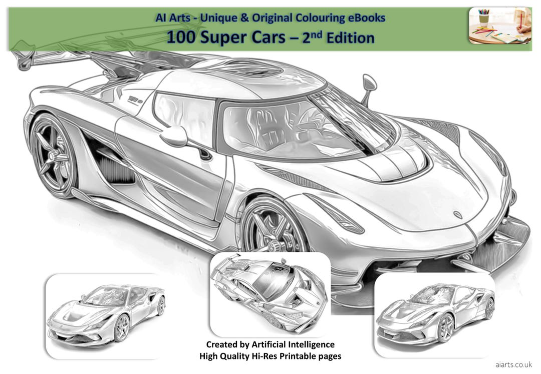 Super Cars 2nd Edition; 250 Printable Pages; (downloadable PDF