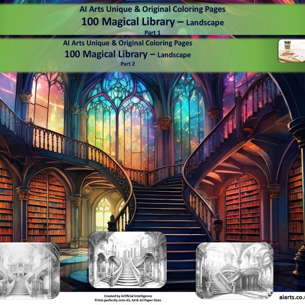 Fantasy Magical Library landscape, 100 coloring pages plus 60 Color Sample pages plus 160 PNGs, Coloring Page eBook