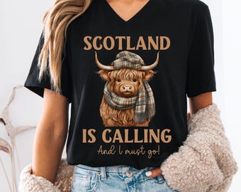 V-Neck Highland Cow, Scotland is Calling, Scots, Scottish Heritage shirt, Scottish gifts, Travel Scotland gift, Scottish cow shirt, Scotland