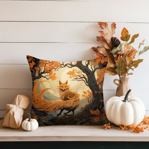 May include: A throw pillow with a colorful illustration of a fox in a forest setting. The fox has a long, bushy tail and is surrounded by trees and leaves. The background is a soft yellow color, and the pillow is made of a soft, comfortable fabric.