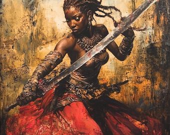 May include: A woman with braided hair and a red dress holds a large silver sword. The background is a textured, gold and brown canvas.