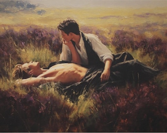 May include: Two people are lying in a field of purple wildflowers. The person on the bottom is lying on their back with their eyes closed. The person on top is looking down at the person on the bottom. The field is bathed in warm sunlight.