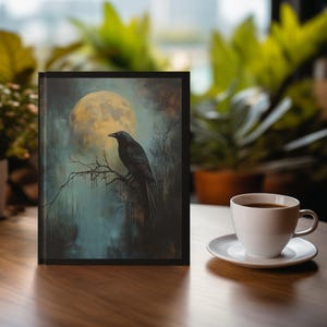 May include: A black crow perched on a branch with a full moon in the background. The image has a dark, moody, and atmospheric feel.
