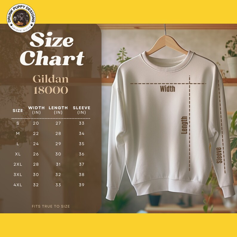 May include: Size chart for Gildan 18000 sweatshirts, showing width, length, and sleeve measurements in inches for sizes S through 4XL. The chart is displayed on a brown background with a white sweatshirt hanging on a hanger.
