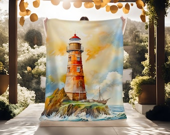 Coastal Lighthouse Sunset Throw Blanket: Nautical Fleece Bedding