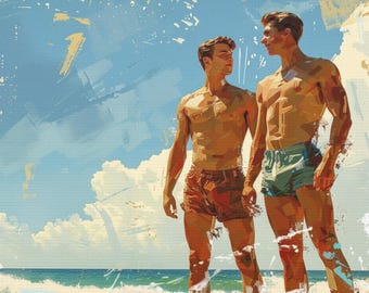 Queer Art Retro Vibe, Gay Art Vintage Style Gay Beach Lovers Print, Canvas Wraps, Elegant Canvas Art LGBTQ Gifts, Wall Art Queer, LGBTQ Art