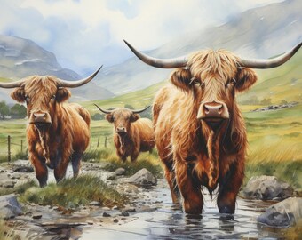 Highland Cattle, Scottish Highlands, Scottish Gifts, natures painting wallarte, Scottish Wall Art, Wall Art Scotland, Artistic Scotland gift