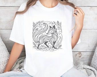 Fox Line Drawing Shirt, Vintage looking Folklore Fox Tshirt, Cottagecore Aesthetic Shirt, Linoprint T-Shirt, Wildlife T, Forest Animal Shirt