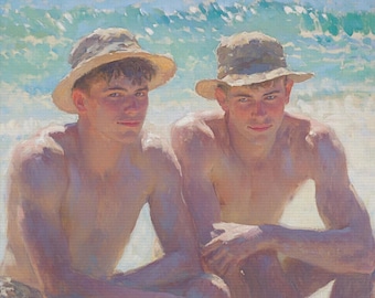 Queer Art Retro Vibe, Gay Art Vintage Style Gay Beach Lovers Print, Canvas Wraps, Elegant Canvas Art LGBTQ Gifts, Wall Art Queer, LGBTQ Art