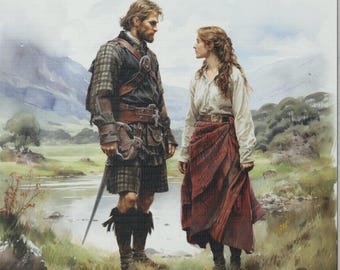 Highlander and woman, Scottish Highlands, Scottish Gifts, Canvas Gallery Wraps, Scottish Wall Art, Wall Art Scotland, Artistic Gift Scotland