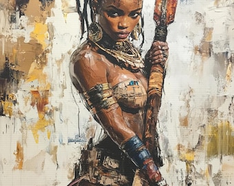 May include: A painting of a woman with dark skin, wearing a brown and gold beaded necklace and a brown and gold beaded bracelet. She is holding a long, wooden spear with a red tip. The background is a white canvas with brown and yellow paint splatters.