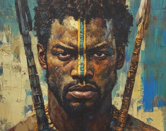 May include: A painting of a man with dark skin and a serious expression. He is wearing a necklace and has a blue and yellow stripe painted across his forehead. He is standing in front of two spears.