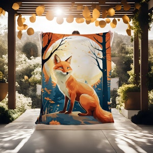 May include: A colorful illustration of a fox sitting on a rock in a forest setting. The fox is orange and white with a bushy tail. The background is a dark blue with a large, bright yellow moon.