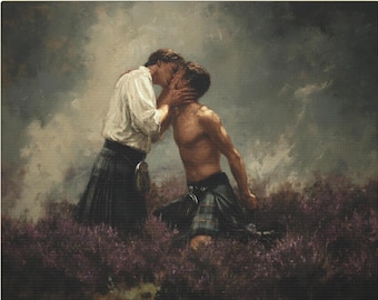 May include: An oil painting depicts two men in a passionate embrace. One man wears a white shirt and kilt, while the other is shirtless and also in a kilt. They are kneeling in a field of purple flowers, with a cloudy sky in the background.