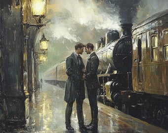 Canvas Art, Vintage Retro Style Queer Art Wall Decor, Trains, Gay romance Wall art, LGBT Gallery Wrap, LGBTQ Pride Gift, Gay male Couple