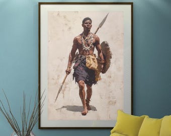 May include: A framed print of a muscular figure in traditional attire, holding a spear and shield. The artwork depicts a warrior with a necklace, skirt, and a bag. The background is a textured, off-white color.