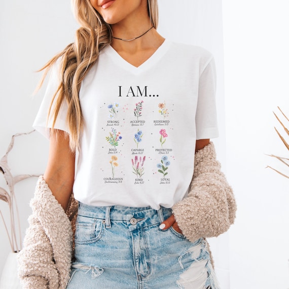 Inspirational Floral V-Neck Tee - I Am Series, Faith Tshirt, Christian Tshirt, Motivational Shirt, Positive Affirmation Apparel, Faith gifts