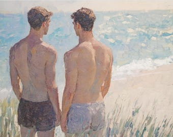 Könnte beinhalten: Zwei Figuren stehen an einem Sandstrand und blicken auf das Meer. Sie sind beide oben ohne und tragen Badehosen. Das Meer ist hellblau mit weißen Wellen. Der Sand ist hellbeige. Die Figuren sind dem Betrachter abgewandt.