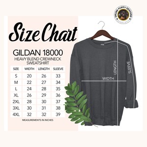 Puede incluir: Tabla de tallas para una sudadera con capucha de mezcla pesada Gildan 18000. La tabla muestra las medidas en pulgadas para el ancho, la longitud y la longitud de la manga para las tallas S a 4XL.