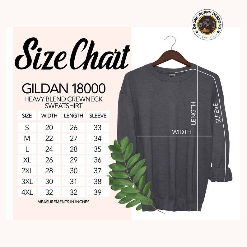 Puede incluir: Tabla de tallas para una sudadera con capucha de mezcla pesada Gildan 18000. La tabla muestra las medidas en pulgadas para el ancho, la longitud y la longitud de la manga para las tallas S a 4XL.