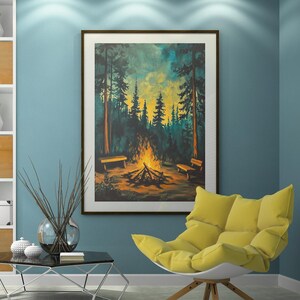 Rustic Campfire Oil Painting, Moody Pine Tree Canvas Print, Camping Theme Wall Art, Cabin Wall Decor, Vintage Forest Painting, Dark Wall Art