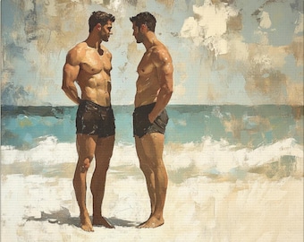 May include: Two men stand on a sandy beach, facing each other. They are both shirtless and wearing dark swim trunks. The ocean is in the background, with white waves crashing on the shore.