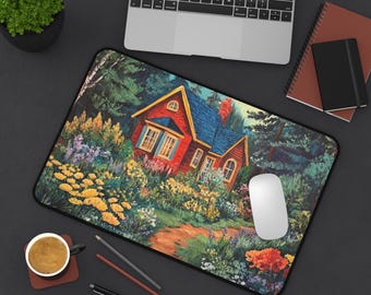 May include: A red cottage with a blue roof sits in a lush green garden with a variety of colorful flowers. The cottage has a white trim and a chimney. The garden is surrounded by trees. A white mouse is sitting on the path in the garden.