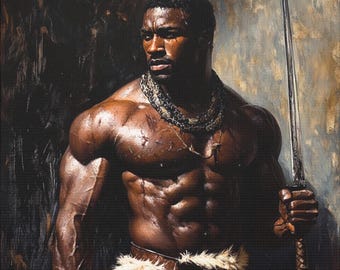 May include: A muscular man with dark skin, wearing a fur loincloth and a necklace, holds a sword in his right hand. He has a serious expression on his face and looks to the left. The background is a dark, textured canvas.