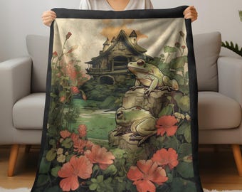 Frog Blanket, Cottagecore Blanket, Sherpa Fleece Blanket, Baby Shower Gift, Wedding Present, Forestcore Blanket, Warm Throw, Cottagecore