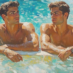 Queer Art Retro Vibe, Gay Art Vintage Style, Pool Side Lovers Print, Canvas Wraps, Elegant Canvas Art LGBTQ Gifts, Wall Art Queer, LGBTQ Art